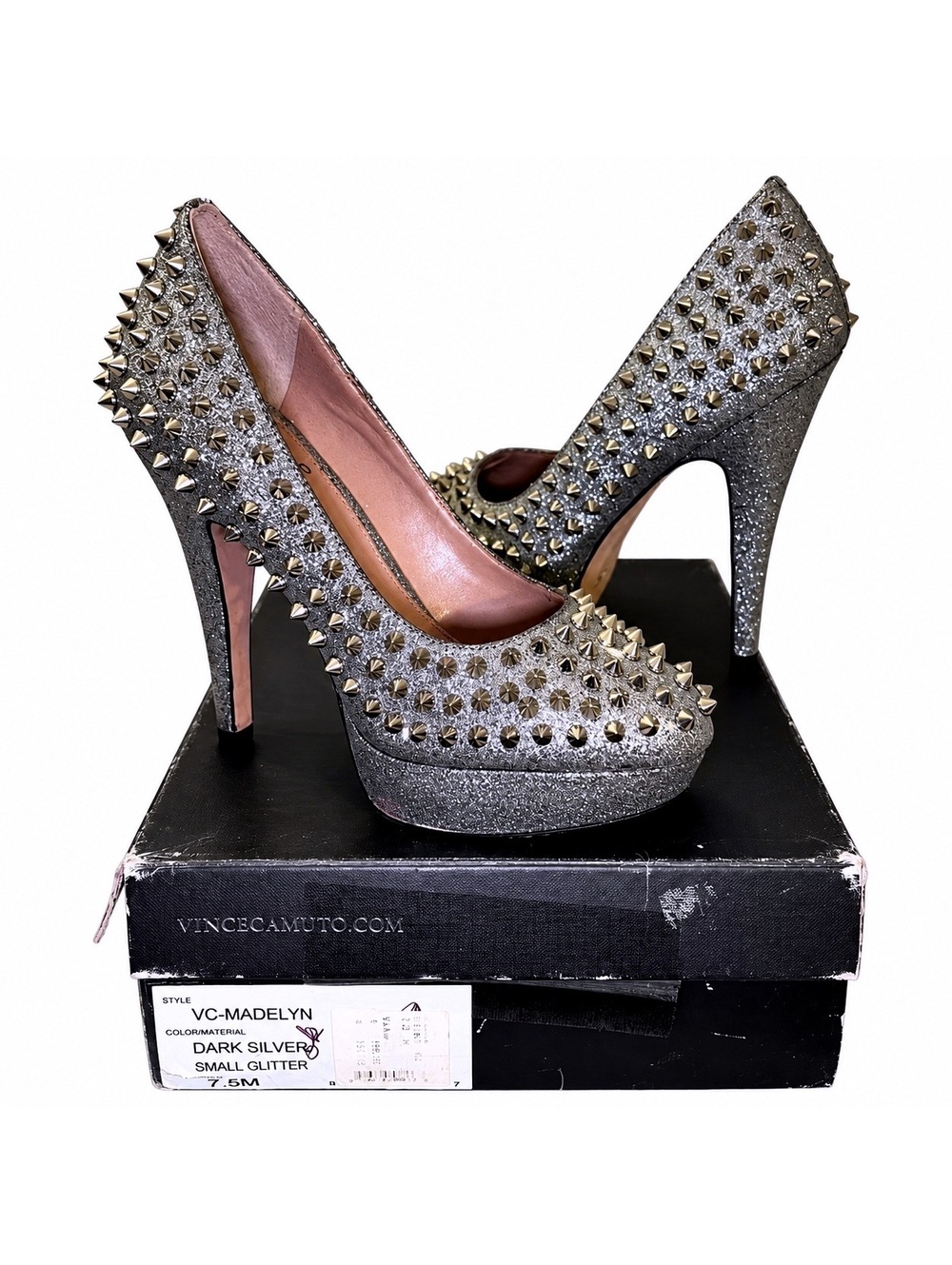 Vince Camuto Madelyn Studded Platform Pumps Dark Silver Glitter 7.5